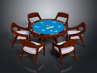 Round Wooden Poker Table With Six Chairs Featuring Poker Chips And Playing Cards 3d model