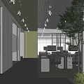 Modern Public Office Area With Open Design Striped Ceiling Large Tree And Workstations 3d model