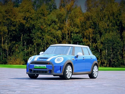 Blue Mini Cooper Car Parked On Paved Road Surrounded By Green Trees 3d model