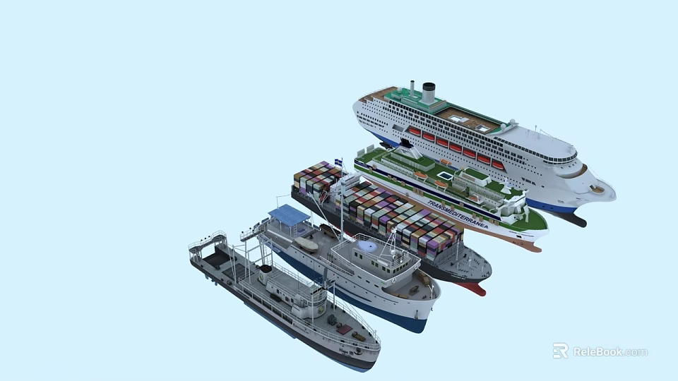 Different Types of Model Ships Including Container Cruise and Tugboat Designs 3d model 