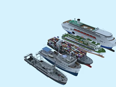Different Types of Model Ships Including Container Cruise and Tugboat Designs 3d model