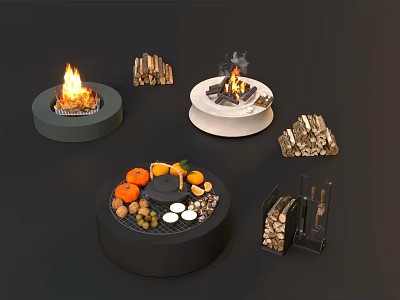 Round Design Fireplaces With Burning Fire Wood Stacks And Fresh Fruits 3d model