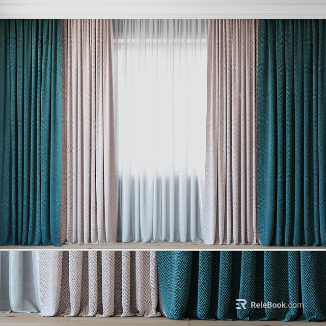 Teal and Pink Layered Curtains With Sheer Panels For Elegant Home Decor 3d model 