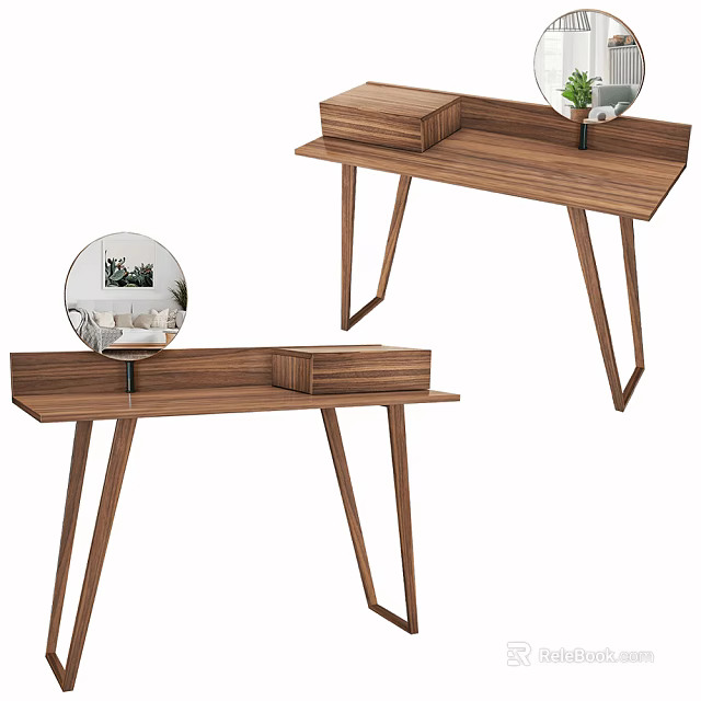 Wooden Dressing Table With Round Mirror Minimalist Design Slim Leg And Storage Box 3d model 