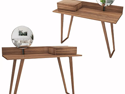 Wooden Dressing Table With Round Mirror Minimalist Design Slim Leg And Storage Box 3d model