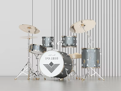 Silver Gray Complete Drum Set With Drums Cymbals And Logo On Bass Drum 3d model