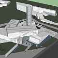 Modern Architectural Building With Geometric White Facade Glass Curtain Wall And Urban Plaza