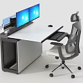 Modern Office Desk With Dual Monitors Keyboard Mouse And Ergonomic Chair