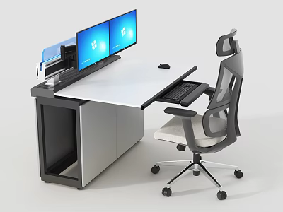 Modern Office Desk With Dual Monitors Keyboard Mouse And Ergonomic Chair 3d model
