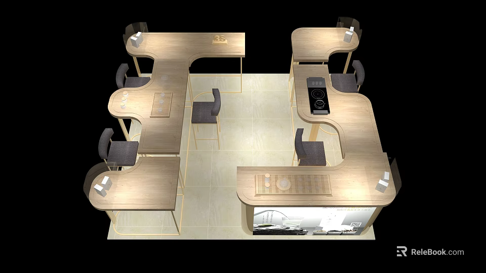 Modern Bar Counter Layout With Wooden Tabletop And Multiple Seating Chairs 3d model 