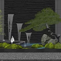 Modern Garden Feature With Waterfall Pine Tree Rocks And Green Moss 3d model