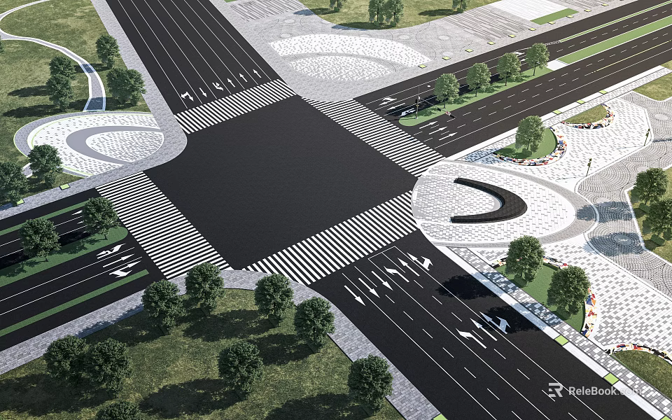 Road Infrastructure With Intersection Roundabout Zebra Crossing Traffic Lanes And Greenery 3d model 