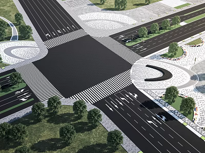 Road Infrastructure With Intersection Roundabout Zebra Crossing Traffic Lanes And Greenery 3d model