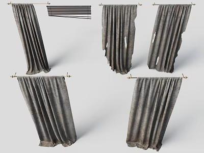 Grey Fabric Curtains With Various Styles Hanging On Rods For Window Decor 3d model
