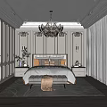 Elegant Modern Bedroom With Paneled Walls Glass Chandelier King Bed And Area Rug