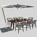 Wooden Top Outdoor Table with Woven Metal Frame Chairs and Gray Umbrella