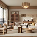 Natural Living Room Interior With Woven Pendant Light Wooden Furniture And Low Sofa