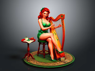 Red Haired Woman Statue In Green Dress Playing Harp On Stool With Table Apple And Book 3d model