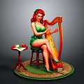 Red Haired Woman Statue In Green Dress Playing Harp On Stool With Table Apple And Book