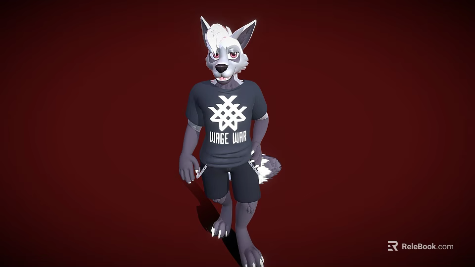 Game Character Anthropomorphic White Wolf With Red Eyes Black T-shirt White Wolf Print And Shorts 3d model 