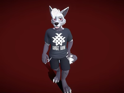 Game Character Anthropomorphic White Wolf With Red Eyes Black T-shirt White Wolf Print And Shorts 3d model