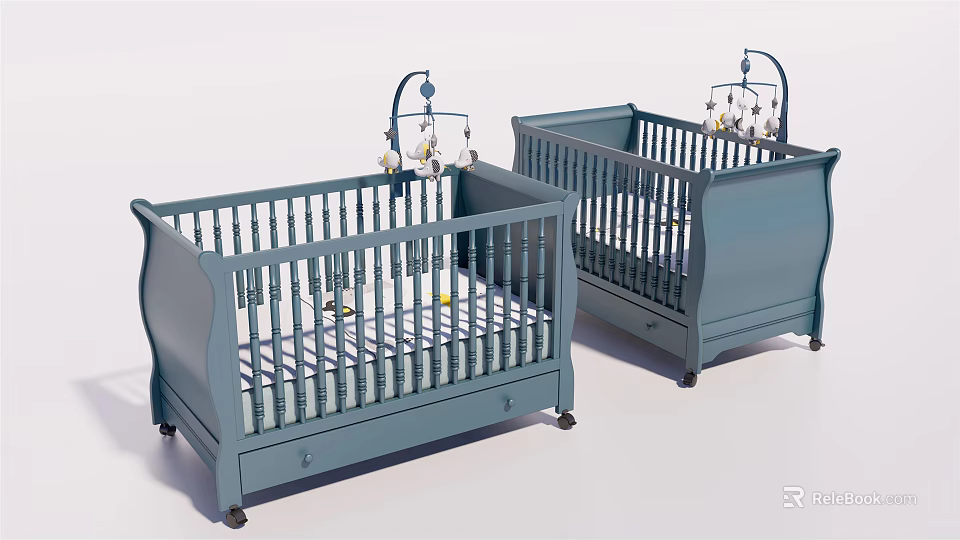 Two Blue Wooden Baby Cribs With Decorative Mobiles and Drawers for Nursery 3d model 