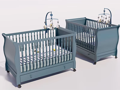 Two Blue Wooden Baby Cribs With Decorative Mobiles and Drawers for Nursery 3d model