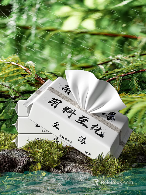 Household Tissue Pack with Chinese Calligraphy Design Surrounded by Green Plants and Raindrops 3d model 