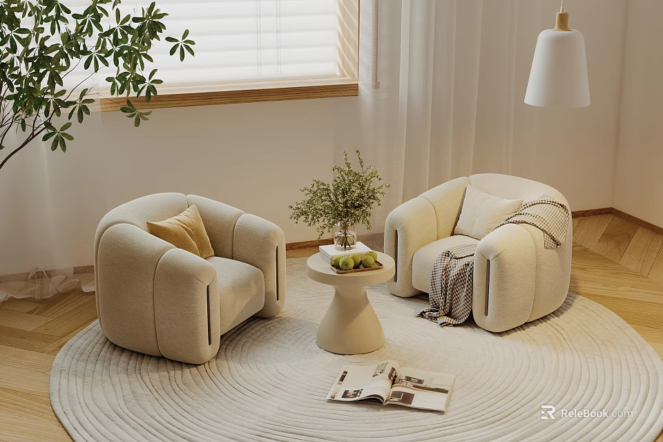 Leisure Sofa Set with Beige Armchairs Round Rug Small Coffee Table Plant Fruits and Magazines 3d model 