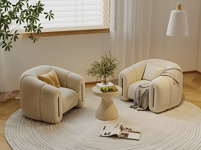Leisure Sofa Set with Beige Armchairs Round Rug Small Coffee Table Plant Fruits and Magazines 3d model