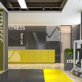 Modern Fitness Gym Interior With Spin Bikes Yellow Gray Striped Walls And Seating Area