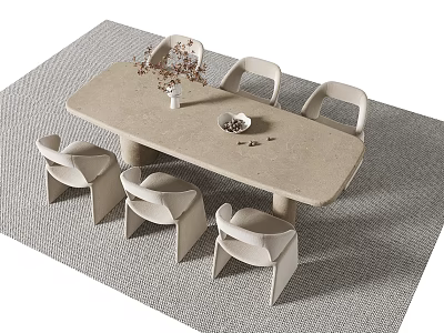 Modern Minimalist Tea Table And Chairs In Light Beige With Vase Dried Flowers Decorative Bowl 3d model