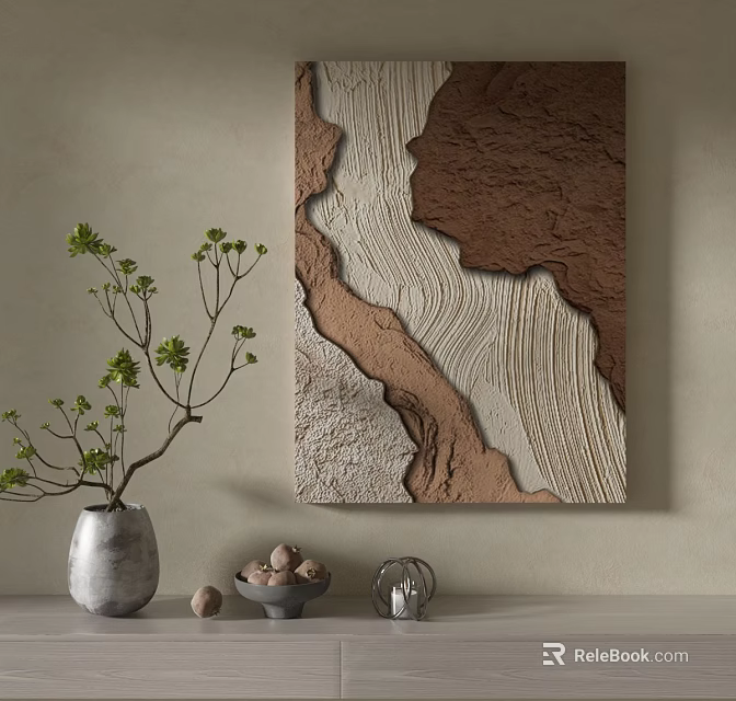 Modern Textured Wall Art With Green Plant Vase And Stone Decorations 3d model 