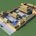 Ancient Chinese Architectural Structure With Golden Yellow Roof And Upturned Eaves In Water Pond Courtyard