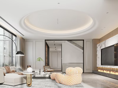 Modern Living Room Interior With Round Ceiling Floor to Ceiling Windows and Fireplace TV Wall 3d model