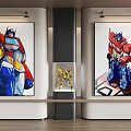 Two Abstract Paintings Displayed On Wall With Transformers Figurine In Showcase 3d model