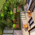 Lush Balcony Garden Design With Green Plants Wooden Chairs And Stone Pathway