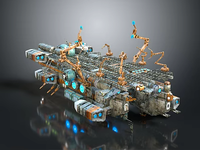 Futuristic Mechanical Platform With Multiple Robotic Arms And Blue Glowing Elements 3d model