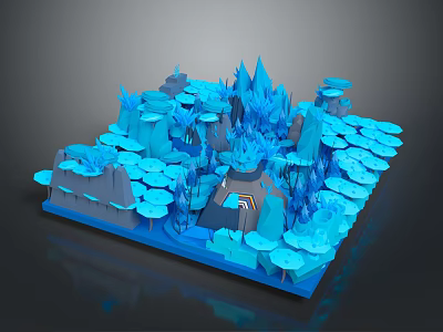 Vibrant Blue 3D Paper Craft Landscape With Icebergs Mushroom Trees And Shiny Reflections 3d model