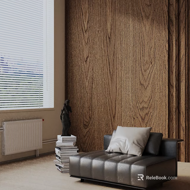 Leather Lounge Chair With White Black Cushions By Wooden Wall Window Blinds And Book Stack 3d model 