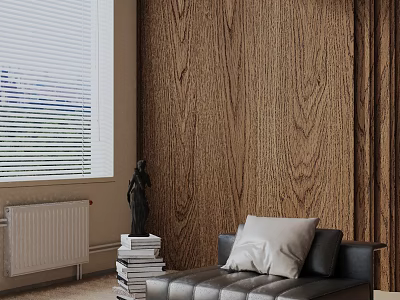 Leather Lounge Chair With White Black Cushions By Wooden Wall Window Blinds And Book Stack 3d model
