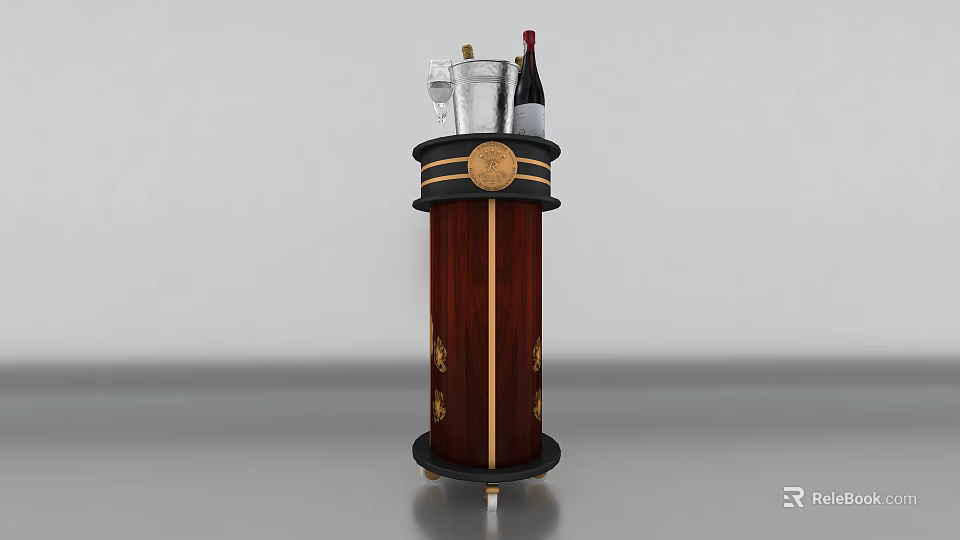 Decorative Wooden Bar Cart With Black Gold Accents Ice Bucket Wine Bottle And Glasses 3d model 
