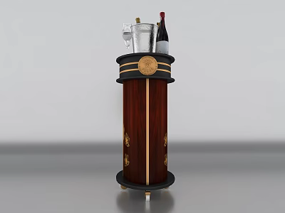 Decorative Wooden Bar Cart With Black Gold Accents Ice Bucket Wine Bottle And Glasses 3d model