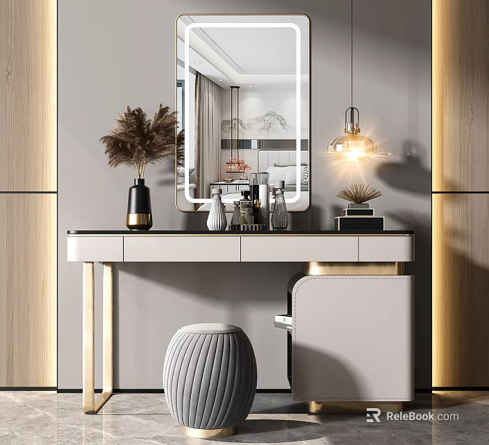 Modern Dressing Table Interior With Marble Top Mirror Feather Vase And Decorative Stool 3d model 