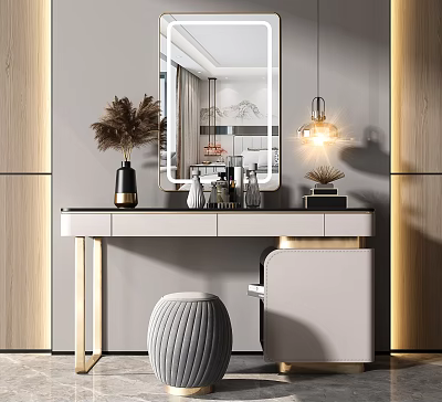 Modern Dressing Table Interior With Marble Top Mirror Feather Vase And Decorative Stool 3d model