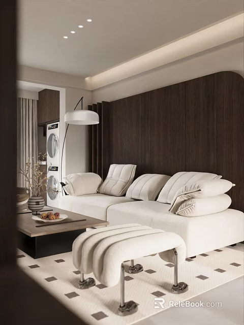 Modern Living Room Interior Design With White Sofa Wooden Wall Floor Lamp And Coffee Table 3d model 