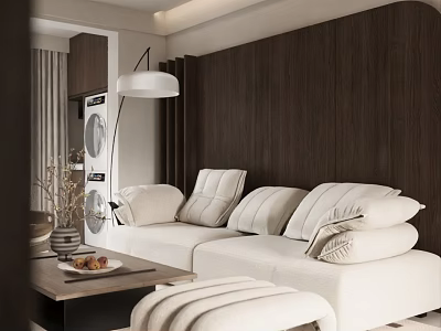 Modern Living Room Interior Design With White Sofa Wooden Wall Floor Lamp And Coffee Table 3d model