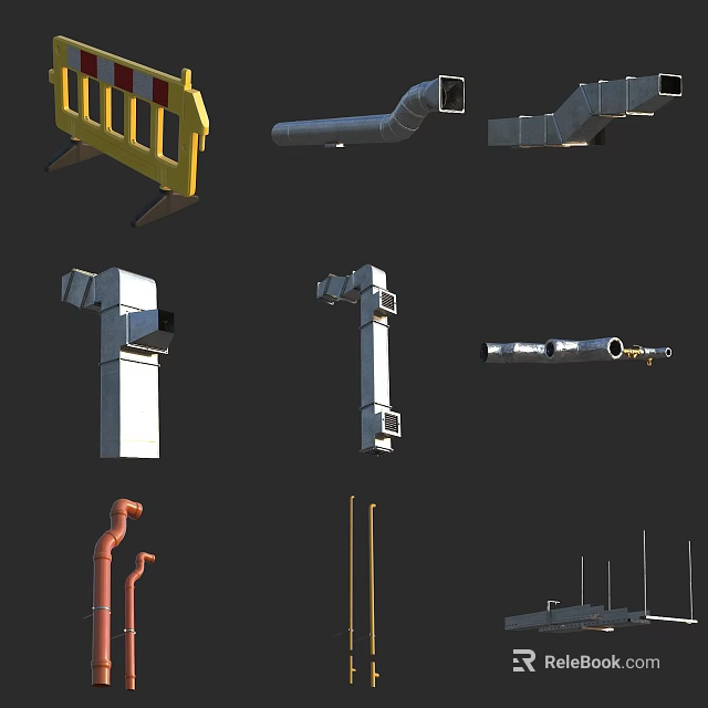 Various Types of Fire Equipment Including Pipes Barriers and Metal Structures 3d model 