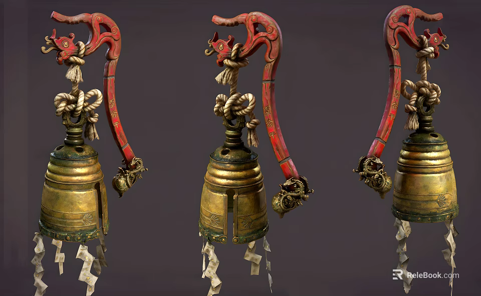 Traditional Hanging Ornaments Featuring Red Decorated Handles Golden Bell Body And Tassel Pendants 3d model 