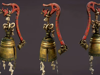 Traditional Hanging Ornaments Featuring Red Decorated Handles Golden Bell Body And Tassel Pendants 3d model